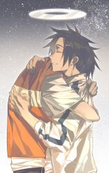  2boys absurdres black_hair chinese_commentary closed_eyes commentary_request false_memory from_side guan_chao_(false_memory) halo he_mingshuo high-visibility_clothing high-visibility_vest highres hug jacket male_focus multiple_boys open_clothes open_jacket shirt short_sleeves simple_background sky sleeves_rolled_up spiky_hair star_(sky) starry_sky vest white_shirt yancaiyanyu 