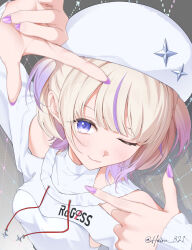  1girl absurdres blonde_hair closed_mouth clothing_cutout commentary fang finger_frame hairu_821 hat highres hololive hololive_dev_is leotard looking_at_viewer multicolored_hair purple_hair purple_nails short_hair shoulder_cutout shrug_(clothing) skin_fang solo streaked_hair todoroki_hajime todoroki_hajime_(regloss_uniform) twitter_username two_side_up untranslatable_commentary violet_eyes white_hat white_leotard white_shrug 