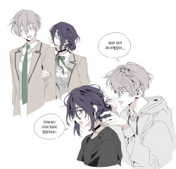  1boy 1girl absurdres black_choker chainsaw_man choker collared_shirt commentary_request green_eyes green_necktie hair_between_eyes hair_bun hetero highres hood hoodie kimpyogo korean_commentary korean_text multiple_views neck_ribbon necktie oc_x_canon original purple_hair reze_(chainsaw_man) ribbon school_uniform shirt smile speech_bubble white_shirt 