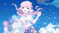  1girl balloon blue_skirt blue_sky cowboy_shot day floating_hair flower game_asset hair_flower hair_ornament highres holding holding_balloon long_hair looking_at_viewer midriff navel non-web_source open_mouth outdoors pink_hair self-datamine shiro_(the_seven_days_i_spent_with_you) shirt short_sleeves skirt sky smile solo standing the_seven_days_i_spent_with_you variant_set white_shirt 