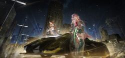  1boy 2girls arknights arknights:_endfield camille_(arknights) car chinese_commentary commentary_request highres lnnnn-n mi_fu_(arknights) motor_vehicle multiple_girls on_car rossi_(arknights) 