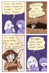  1boy 4koma ?? androgynous asriel_dreemurr chara_(undertale) comic commentary english frisk_(undertale) hair_over_eyes hand_on_own_cheek highres hole knife monster_boy peppermintbee shirt spoilers striped striped_shirt sweatdrop undertale 