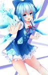  1girl blue_dress blue_eyes blue_hair blush cirno dress glowing hair_ribbon ice ice_wings looking_at_viewer open_mouth outstretched_arm puffy_sleeves ribbon short_hair short_sleeves smile solo tapuri_(hurleyx) touhou v white_background wings 