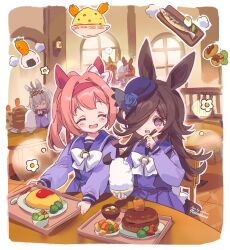 5girls :d ^_^ animal_ears blue_flower blue_rose border bow bowl bowtie brown_hair carrot chair closed_eyes commentary_request ear_bow ear_covers eating fascinator fish_(food) flower food glutton grey_hair hair_ornament hair_over_one_eye haru_urara_(umamusume) hat hat_flower headband horse_ears horse_girl horse_tail indoors long_hair long_sleeves meatball multiple_girls oguri_cap_(umamusume) omelet omurice onigiri open_mouth orange_hair pasta pink_hair pleated_skirt ponytail purple_hat purple_shirt purple_skirt red_headband rice rice_shower_(umamusume) rose school_uniform shirt silence_suzuka_(umamusume) skirt smile spaghetti spaghetti_and_meatballs special_week_(umamusume) steak table tail tracen_school_uniform tray umamusume violet_eyes welchino white_border white_bow white_bowtie window winter_uniform 