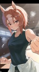  1girl absurdres animal_ears bare_shoulders black_shirt breasts brown_eyes brown_hair dojo hair_between_eyes highres horse_ears horse_girl martial_arts no_842 serious shirt short_hair sleeveless solo sweat training umamusume yaeno_muteki_(umamusume) 