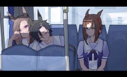  3girls air_groove_(umamusume) air_shakur_(umamusume) animal_ears black_hair bow bowtie brown_hair bus bus_interior closed_mouth clover_hair_ornament commentary expressionless eyebrow_piercing face_piercing fine_motion_(umamusume) green_eyes hair_between_eyes hair_ornament highres horse_ears horse_girl letterboxed looking_at_another looking_to_the_side medium_hair motor_vehicle multiple_girls pappi piercing puffy_short_sleeves puffy_sleeves purple_bow purple_bowtie purple_shirt school_uniform shirt short_hair short_sleeves sleeping sleeping_on_person summer_uniform tracen_school_uniform umamusume upper_body violet_eyes 