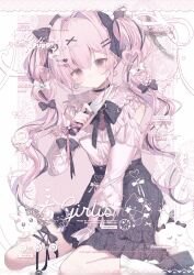  1girl black_bow black_skirt blush bow choker closed_mouth commentary frills hair_bow hair_ornament hairclip heart heart_hair_ornament highres holding holding_knife jewelry jirai_kei knife long_hair long_sleeves looking_at_viewer miyasaka_miyabi multicolored_hair original pink_eyes pink_hair rabbit ribbon shirt sitting skirt solo twintails watermark x_hair_ornament 