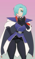  1girl armor belt black_bodysuit black_gloves blue_eyes blue_hair bodysuit cape coat gloves gradient_background grandia grandia_i grey_background hair_over_one_eye hand_on_own_chest hand_on_own_hip highres leen_(grandia) pink_background purple_armor purple_coat scdk shirt short_hair shoulder_armor smile solo under-elbow_gloves white_cape white_shirt 