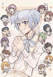  5boys 6+girls angel_wings ansatsu_kyoushitsu black_hair blonde_hair blue_bow blue_hair bow brown_eyes brown_hair chibi closed_eyes closed_mouth commentary_request fuwa_yuzuki glasses green_hair hair_bow hara_sumire highres isogai_yuuma jiritsu_shikou_kotei_houdai kanzaki_yukiko kataoka_megu kayano_kaede korean_commentary kurahashi_hinano m_uramatsu_takuya maehara_hiroto multiple_boys multiple_girls okuda_manami open_mouth orange_hair own_hands_clasped own_hands_together pink_hair purple_hair shiota_nagisa smile striped_bow sugino_tomohito suspenders takebayashi_koutarou violet_eyes wings yada_touka 