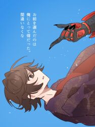  2boys animification ankh_(ooo) black_nails blue_background brown_eyes brown_hair commentary_request fingernails from_side gauntlets highres hino_eiji kamen_rider kamen_rider_ooo_(series) kona_(batubunnni) long_fingernails male_focus multiple_boys short_hair sideways sideways_mouth simple_background single_gauntlet translation_request upper_body 