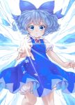  1girl bloomers blue_dress blue_eyes blue_hair bow cirno dress hair_bow ice ice_wings iris_anemone looking_at_viewer puffy_short_sleeves puffy_sleeves shirt short_sleeves solo touhou underwear wavy_hair wings 