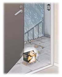  animal animal_ears animal_focus box commentary_request delivery door door_handle food food_delivery_box food_on_floor hamster hamster_ears hamusapi_pi highres holding holding_box no_humans noodles open_door opening_door original rain raincoat smile water_drop wet 