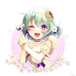  1girl commentary_request double_finger_gun dress elbow_gloves finger_gun flower frilled_dress frills gloves green_hair hair_flower hair_ornament highres magical_daisy magical_girl mahou_shoujo_ikusei_keikaku mahou_shoujo_ikusei_keikaku_restart one_eye_closed open_mouth short_hair smile solo violet_eyes white_flower yunare 
