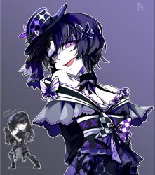  2girls bare_shoulders black_hair black_hat black_kimono butterfly_hair_ornament butterfly_hat_ornament commentary_request dated dress flower gradient_background hair_ornament hat hat_flower hat_ornament housho_margo japanese_clothes kimono kurobe_nanoka lolita_fashion looking_at_viewer mahou_shoujo_no_majo_saiban multiple_girls neck_ribbon off-shoulder_dress off_shoulder open_mouth outline purple_background ribbon short_hair smile top_hat upper_body violet_eyes wa_lolita white_outline yuetsumaru 