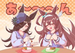  2girls ahoge animal_ears bento blue_flower blue_hat blue_rose blush bow bowtie breasts brown_hair chopsticks closed_eyes commentary_request flipped_hair flower food grey_hairband hair_between_eyes hair_over_one_eye hairband hat hat_flower highres holding holding_chopsticks horse_ears horse_girl horse_tail long_hair mihono_bourbon_(umamusume) mokichi3356 multiple_girls open_mouth pleated_skirt purple_sailor_collar purple_serafuku purple_shirt purple_skirt rice rice_shower_(umamusume) rose sailor_collar sailor_shirt school_uniform serafuku shirt silver_hairband skirt smile tail tilted_headwear tracen_school_uniform umamusume white_bow white_bowtie 