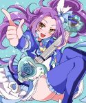  1girl bangs blue blue_background blue_boots blue_ribbon boots brooch cure_beat frills hair_ornament hair_ribbon heart_hair_ornament jewelry kurokawa_eren long_hair looking_at_viewer love_guitar_rod magical_girl parted_bangs precure purin_(purin0) purple_hair ribbon seiren_(suite_precure) side_ponytail skirt smile solo suite_precure thigh-highs thigh_boots wrist_cuffs yellow_eyes 