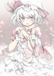  1girl albino alternate_costume bare_shoulders bat_wings chikado dress flower frilled_dress frills gradient gradient_background hat hat_flower looking_at_viewer mob_cap off_shoulder open_mouth red_eyes remilia_scarlet ribbon rose short_hair short_sleeves sketch slit_pupils solo touhou white_hair wings wrist_cuffs wrist_ribbon 