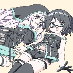  2girls :o bare_shoulders belt black-framed_eyewear black_gloves black_hair black_shorts black_thighhighs buckle commentary_request cowboy_shot glasses gloves green_eyes kannyo_(orkastle) lokulo_no_mawashimono long_hair lowres midriff multiple_girls navel nun nun_headdress oekaki off_shoulder open_mouth orkastle pink_eyes reiya_(orkastle) semi-rimless_eyewear short_hair shorts simple_background sleeveless spread_fingers thigh-highs thigh_strap under-rim_eyewear white_belt yellow_background zipper zipper_pull_tab 