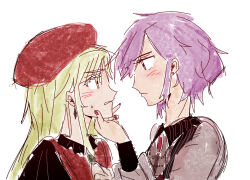  2girls amoris_(bang_dream!) ascot bang_dream! bang_dream!_it's_mygo!!!!! beret black_capelet brooch capelet closed_mouth earrings eye_contact green_hair hand_on_another's_chin hat highres jewelry long_hair long_sleeves looking_at_another mortis_(bang_dream!) multiple_girls open_mouth purple_hair red_hat ribbon see-through_clothes see-through_sleeves shirt short_hair sidelocks simple_background sword_route upper_body wakaba_mutsumi white_ascot yellow_eyes yuri yuutenji_nyamu 