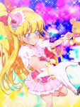  1girl asahina_mirai bear blonde_hair bow bracelet creature cure_miracle gem gloves hair_bow hairband hat jewelry long_hair looking_at_viewer magical_girl mahou_girls_precure! mini_hat mini_witch_hat mofurun_(mahou_girls_precure!) multicolored_background pink_hat pink_skirt precure puffy_sleeves red_bow skirt smile sparkle tj-type1 violet_eyes white_gloves witch_hat 