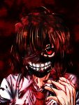  1girl benizuwai black_sclera blood bloody_clothes bloody_hands bow brown_hair grin hair_bow highres looking_at_viewer mask necktie no_hat parody red_bow red_eyes red_necktie shirt short_hair smile solo tokyo_ghoul touhou usami_renko white_shirt 