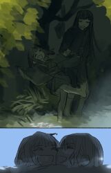  2girls araya_(project_moon) barefoot black_hair closed_eyes commentary_request forest holding_hands hug japanese_clothes kimono limbus_company long_hair mother_and_child mother_and_daughter multiple_girls nature parent_and_child project_moon ryoshu_(project_moon) smile tama_launcher track_suit tree 