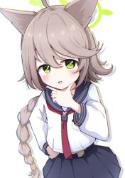  1girl :d ahoge animal_ears black_sailor_collar black_skirt blue_archive blush braid braided_ponytail brown_hair chromatic_aberration commentary cowboy_shot dot_nose drop_shadow fox_ears fox_girl green_eyes green_halo halo hand_on_own_chin hand_on_own_hip highres long_hair long_sleeves looking_at_viewer low_ponytail miniskirt neckerchief open_mouth otogi_(blue_archive) pleated_skirt ponytail red_neckerchief sailor_collar sailor_shirt school_uniform serafuku shirt sidelocks simple_background single_braid skirt smile smug solo swept_bangs tareme very_long_hair white_background white_shirt yoikumori 