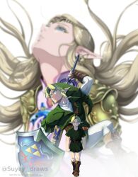  1girl 2boys armor blonde_hair blue_eyes boots brown_boots commentary dress english_commentary floating_hair full_body gold_armor green_hat green_tunic hat holding holding_shield holding_sword holding_weapon link long_hair master_sword multiple_boys pants parted_bangs parted_lips phrygian_cap pink_dress pointy_ears princess_zelda shield short_hair shoulder_armor suyay_draws sword the_legend_of_zelda the_legend_of_zelda:_ocarina_of_time tiara tunic twitter_username upper_body walking weapon white_pants young_link 
