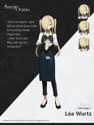  1girl apron astrae_oratio black_apron black_nails black_pants blonde_hair blue_eyes character_name cigarette commentary copyright_logo copyright_notice english_commentary full_body hair_over_one_eye highres holding holding_rag lea_wurtz logo long_hair multiple_expressions neck_tattoo official_art pants solo tattoo twintails unlit_cigarette_in_mouth 