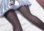  1girl arms_behind_back bed_sheet black_gloves black_legwear fingerless_gloves from_above from_behind gloves highres indoors kantai_collection long_hair lower_body lying murakumo_(kantai_collection) ohiya on_bed on_stomach pantyhose shirt silver_hair solo thighband_pantyhose tile_floor tiles very_long_hair white_shirt 