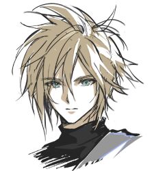  1boy black_shirt blonde_hair blue_eyes closed_mouth cloud_strife commentary cropped_shoulders final_fantasy final_fantasy_vii hair_between_eyes highres looking_at_viewer male_focus messy_hair muju_ess parted_bangs shirt simple_background solo white_background 