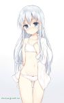  1girl absurdres blue_eyes blush bra chicking dress_shirt flat_chest hibiki_(kantai_collection) highres kantai_collection long_hair looking_at_viewer navel open_clothes open_shirt panties shirt silver_hair solo training_bra underwear undressing white_bra white_panties 