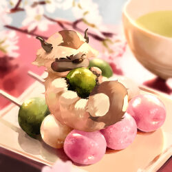  appa avatar:_the_last_airbender avatar_legends blurry blurry_background closed_eyes commentary dango flower fluffybiscotti food green_tea holding holding_food no_humans plate sanshoku_dango signature tea undersized_animal wagashi white_flower 
