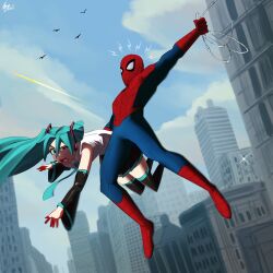  1boy 1girl absurdres blue_hair blue_sky carrying carrying_person carrying_under_arm city clouds cloudy_sky crossover hatsune_miku hayurii39 highres marvel silk sky skyline spider-man spider-man:_brand_new_day spider-man_(series) spider_web swinging_on_rope tagme vocaloid 