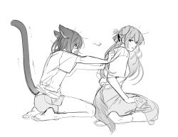  2girls animal_ears barefoot braid cat_ears cat_girl cat_tail commentary dog_ears dog_girl dog_tail greyscale half_up_braid hands_on_another's_back highres il_vbs39 kemonomimi_mode long_hair medium_hair miyagi_shiori monochrome multiple_girls seiza sendai_hazuki shorts shuuniichido_classmate_wo_kau_hanashi sitting skirt sweatdrop tail tail_raised 