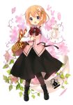  1girl absurdres basket blue_eyes blush boots bow bowtie bread brown_hair carrying cup floral_background flower food gochuumon_wa_usagi_desu_ka? hair_flower hair_ornament highres holding hoto_cocoa koi_(koisan) leaf loaf_of_bread open_mouth pantyhose rabbit_house_uniform short_hair smile solo teacup teapot violet_eyes 