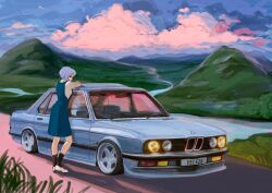  1girl ayanami_rei bmw bmw_e24 car full_body leaning_on_object looking_at_viewer looking_back motor_vehicle neon_genesis_evangelion red_eyes school_uniform short_hair solo 