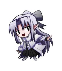  1girl absurdres black_skirt blush bow capelet chibi dress fang fur-trimmed_capelet fur_trim hair_bow half_updo highres higureroom long_hair melty_blood open_mouth pointy_ears red_eyes ribbon shoes skirt smile smug solo thigh-highs tsukihime white_background white_bow white_capelet white_hair white_len_(tsukihime) white_shoes 