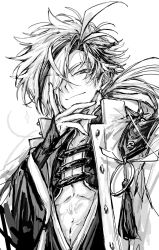  1boy abs closed_mouth commentary earrings fate/grand_order fate_(series) greyscale hair_over_one_eye hand_on_own_chin highres jacket japanese_clothes jewelry kimono layered_sleeves long_hair long_sleeves looking_at_viewer low_ponytail male_focus monochrome multicolored_hair open_clothes open_jacket pectoral_cleavage pectorals ponytail simple_background sketch sleeves_past_wrists smile solo sparkle streaked_hair takasugi_shinsaku_(fate) tassel toned toned_male tyoookozuki upper_body white_background wide_sleeves 