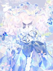  1girl blue_hat blue_kimono clear_yuri commentary_request expressionless hat highres japanese_clothes kimono looking_ahead looking_at_viewer mob_cap no_mouth pale_colors pink_eyes pink_hair saigyouji_yuyuko solo straight-on touhou upper_body 