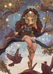  1girl absurdres antlers arm_warmers artemis_(hades) bird braid branch breasts chest_sarashi cloak crescent deer_antlers fur-trimmed_arm_warmers fur-trimmed_skirt fur_cloak fur_trim green_hair hades_(series) hair_ornament highres horns in_tree jewelry long_hair looking_to_the_side moon_(ornament) multicolored_hair outdoors quail sarashi sitting sitting_in_tree sitting_on_branch skirt star_(symbol) thick_bangs tree uuuffffuuu yellow_eyes 