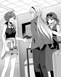  3girls ahoge artist_request bow closed_mouth clothes_around_waist coat coat_on_shoulders commentary_request greyscale hair_bow hat hat_on_back headband highres indoors jacket jacket_around_waist kurachi_yui long_hair low_ponytail low_side_ponytail medium_hair monochrome multiple_girls navel nogami_mamori novel_illustration official_art open_mouth pants ponytail rokkouin_makoto rolling_suitcase shirt shorts side_ponytail skirt straw_hat suitcase sweatdrop tamanchu! tank_top twintails unworn_hat unworn_headwear 