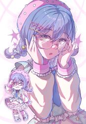  1girl absurdres adjusting_eyewear asahi_rokka bang_dream! bang_dream!_girls_band_party! beret blue_hair blue_nails braid clothing_request commentary frills glasses gradient_background green_eyes hair_ornament hairclip hat heart_hairpin highres jewelry luvechaee mini_hair_bow multicolored_nails necktie pink-framed_eyewear pink_background pink_hat pink_nails solo star_(symbol) star_tattoo tattoo twin_braids untranslatable_commentary yellow_nails 