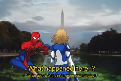  1boy 1girl ahoge background_request blonde_hair blue_sky bug clouds cowboy_shot english_text feet green_water highres long_sleeves marvel marvel_rivals mask medium_hair opalis red_mask sky spider spider-man sue_storm tagme tree 