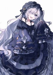  1girl :d bare_shoulders black_ribbon blue_dress blue_hairband bow commentary_request cowboy_shot crescent crescent_necklace dress dress_bow frilled_dress frilled_hairband frilled_sleeves frills gothic_lolita hair_over_one_eye hair_ribbon hairband highres holding holding_sketchbook jewelry layered_dress layered_sleeves lolita_fashion lolita_hairband long_hair long_sleeves looking_at_viewer mahou_shoujo_no_majo_saiban natsume_an-an necklace off-shoulder_dress off_shoulder open_mouth polka_dot polka_dot_bow ribbon sakana_clo see-through_hair simple_background sketchbook sleeve_bow sleeves_past_fingers sleeves_past_wrists smile solo violet_eyes white_background white_hair wide_sleeves 