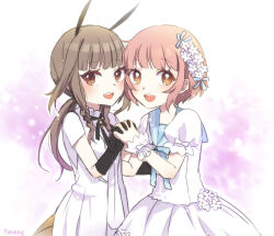  2girls black_gloves blush commentary_request dress flower gloves grey_hair hair_flower hair_ornament highres holding_hands la_pucelle_(mahoiku) long_hair mahou_shoujo_ikusei_keikaku multiple_girls open_mouth orange_hair pink_hair sailor_collar smile snow_white_(mahoiku) white_dress white_flower yunare 