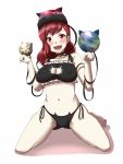  1girl :3 blush breasts cat_lingerie cleavage embarrassed hat hecatia_lapislazuli highres kamekichi27 large_breasts navel open_mouth paw_pose red_eyes redhead touhou 