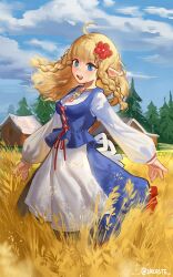  1girl absurdres ahoge artist_name blonde_hair blue_bodice blue_eyes blue_sky blunt_bangs braid braided_sidelocks clouds cross-laced_clothes farm flower hair_flower hair_ornament highres indie_virtual_youtuber long_hair long_sidelocks long_skirt long_sleeves looking_at_viewer lyydia_(sunako) open_mouth pointy_ears puffy_long_sleeves puffy_sleeves red_flower sakaste shirt sidelocks skirt sky smile solo teeth tree upper_teeth_only wheat_field white_shirt 