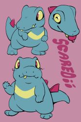  ^_^ arm_up artist_name closed_eyes commentary english_commentary english_text fang fang_out highres looking_to_the_side multiple_views pink_background pokemon pokemon_(creature) pokemon_focus red_eyes scaredii-cat sharp_teeth sideways_glance standing teeth tongue tongue_out totodile 
