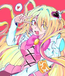  1girl armband blonde_hair bow bowtie commentary_request don_quixote_(project_moon) e.g.o_(project_moon) garter_straps hair_ornament heart heart_hair_ornament highres in_the_name_of_love_and_hate_(e.g.o) korean_commentary limbus_company lobotomy_corporation_(identity)_(project_moon) long_hair long_sleeves looking_at_viewer magical_girl nyxng0 open_mouth orange_armband pink_bow pink_bowtie pink_garter_straps pink_skirt pink_vest project_moon shirt simple_background skirt smile solo vest yellow_eyes 